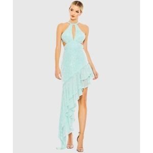 NWT IEENA MAC DUGGAL Size 10 Prom Dress Aqua Seafoam Sequin Cut Out Ruffle 11274